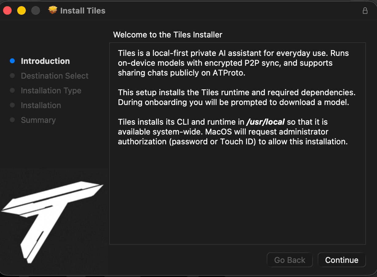 Tiles installer setup window