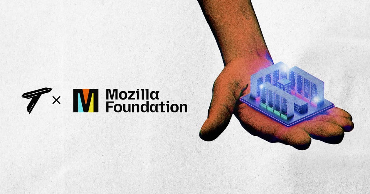 Tiles and Mozilla Foundation logos beside a hand holding a glowing data center