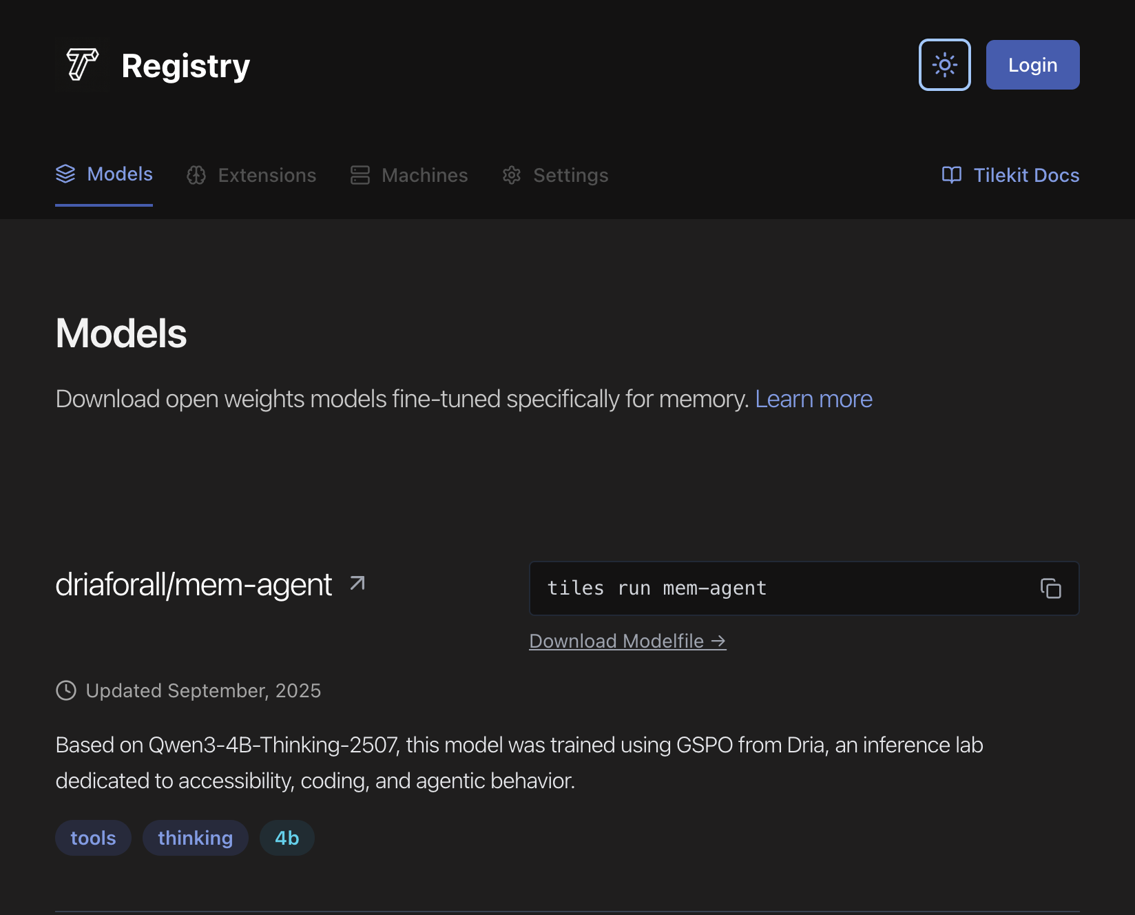 Tiles Registry showing memory models and extensions